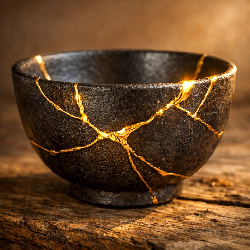 Kintsugi bowl with gold repairs symbolizing healing and strength in leadership culture after a team breakdown.