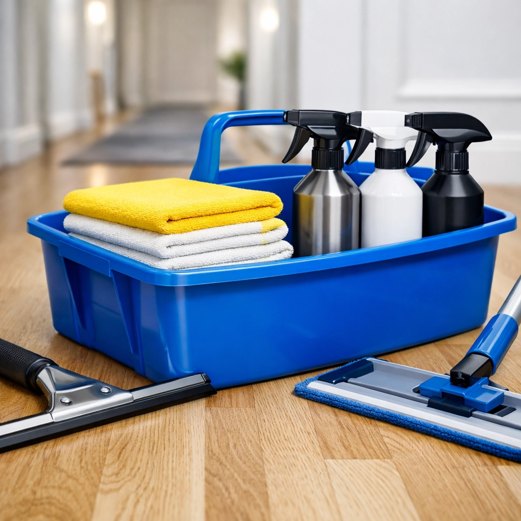 Professional cleaning supplies and tools ready for a high-quality house cleaning service in Lowell MA.