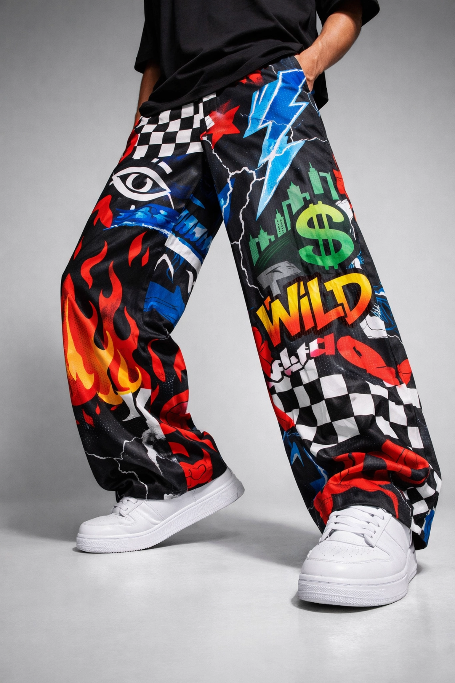 PWPTAOS wide-leg all-over print pants streetwear with bold patterns and relaxed fit