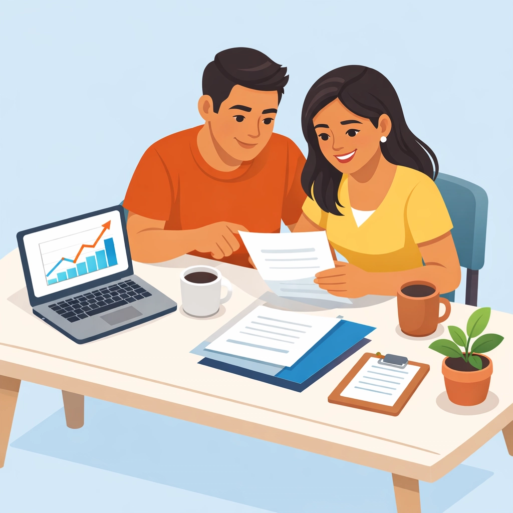 Pareja latina revisando documentos financieros para calificar y comprar casa