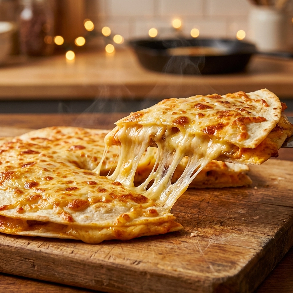 Gourmet quesadilla with melted cheese stretching in a dramatic cheese pull, highlighting 2026 food and beverage trends.