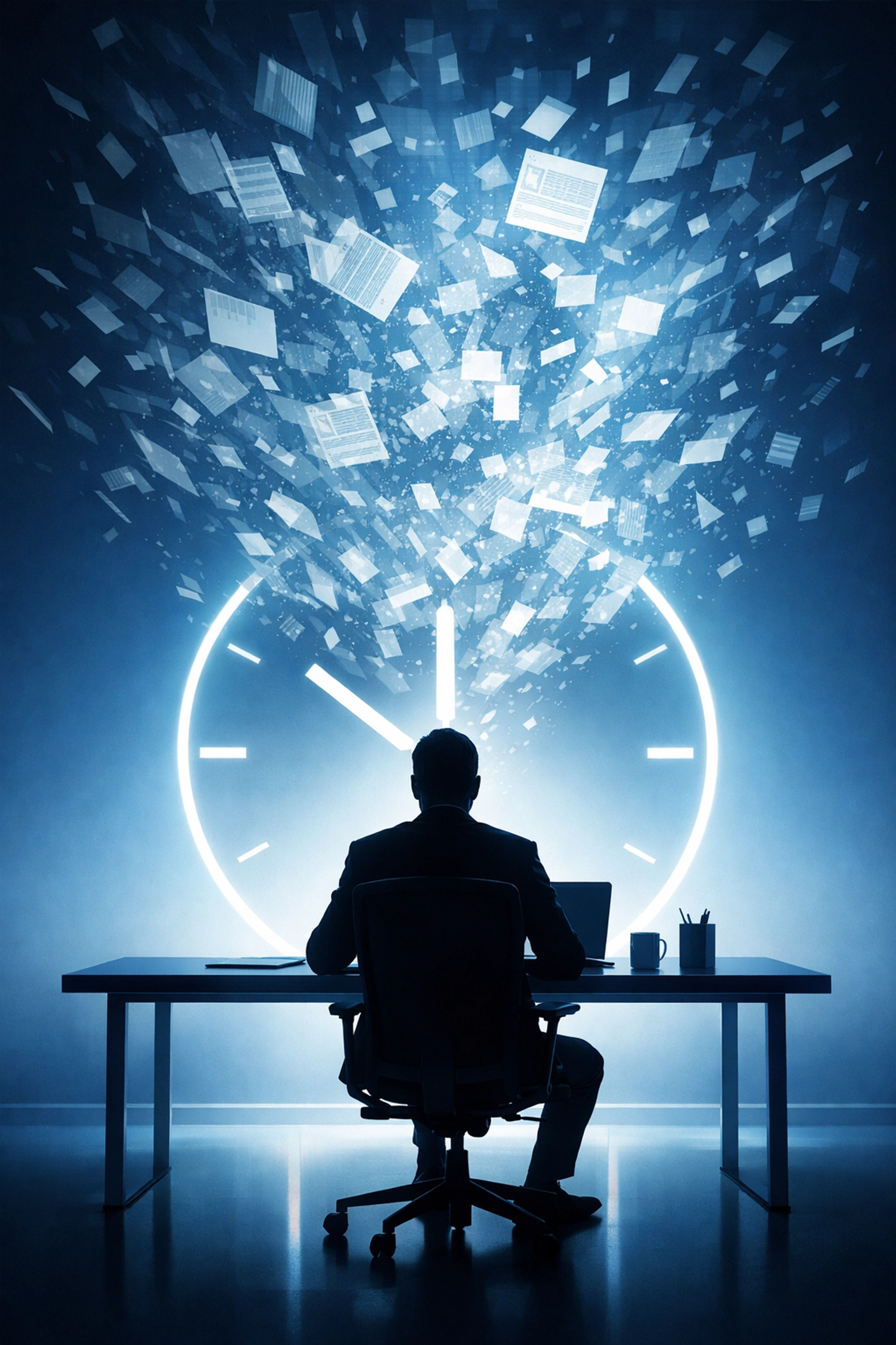 Silhouette of a partner lost in administrative work instead of billable hours.