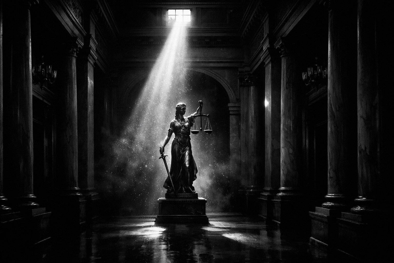 Light shining on a Lady Justice statue in a dark hallway, representing truth being revealed in government.