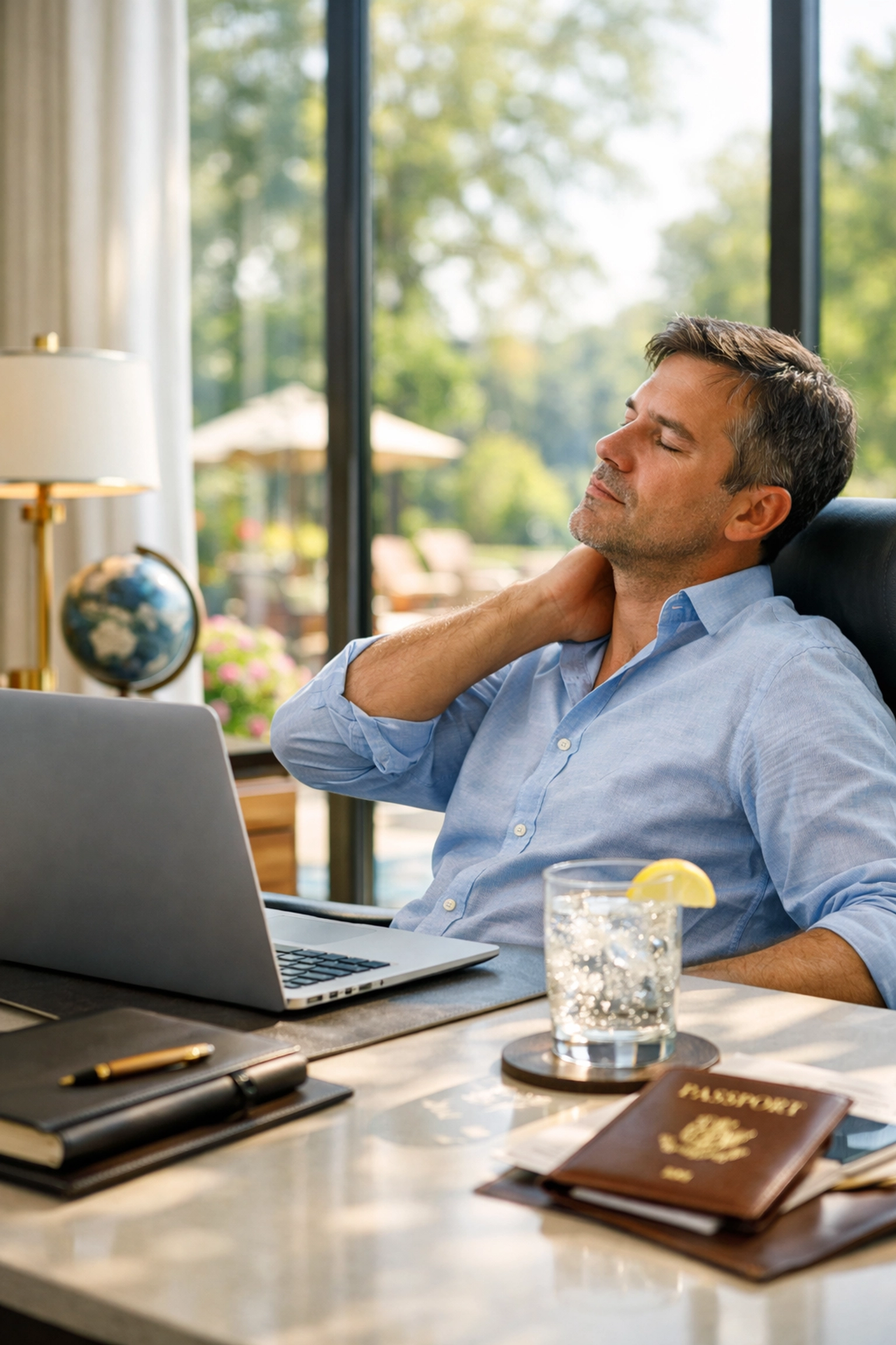 Professional overwhelmed by DIY travel research in a luxury home office setting.