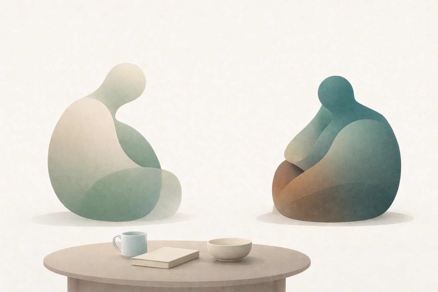 Abstract rounded shapes in muted teal and earthy tones representing different coping styles.