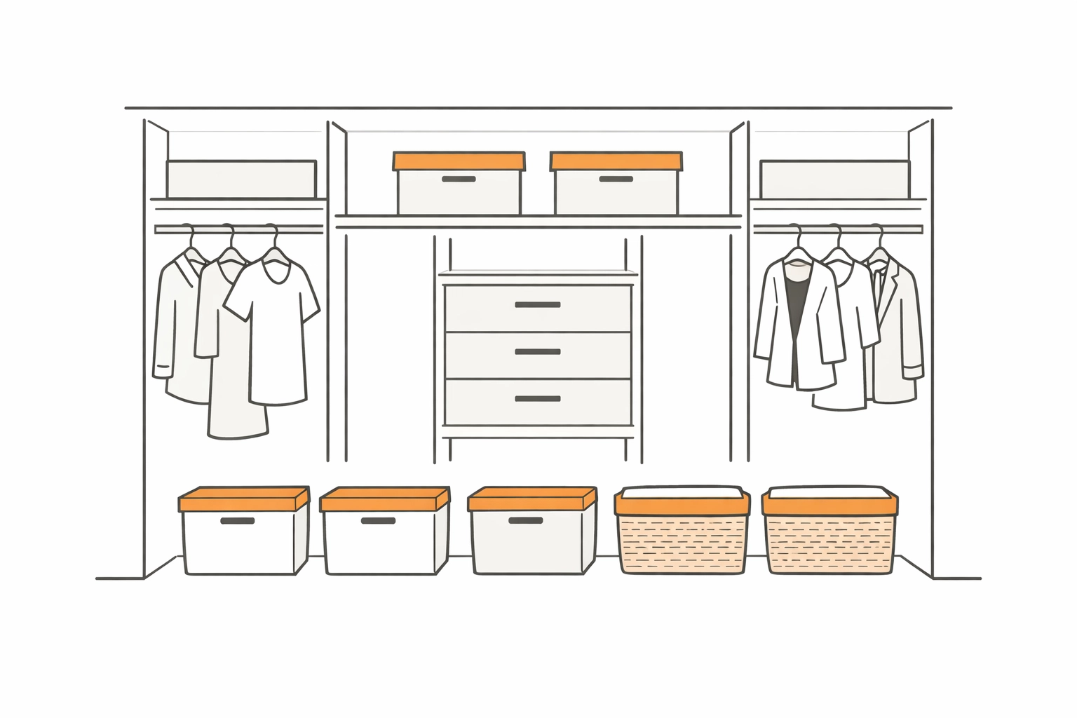 Minimalist closet organization system with shelving and storage bins for a Yaletown condo.