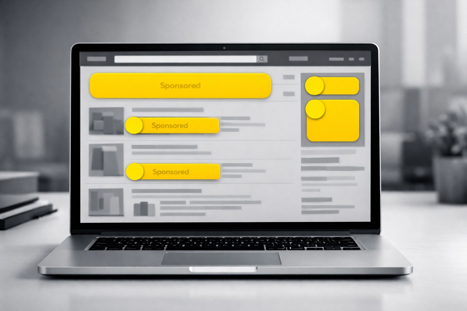A professional, clean-cut photo of a sleek silver laptop resting on a minimalist white office desk. The laptop screen displays a muted grayscale e-commerce search results page. Overlaid on the screen are vibrant, bold yellow geometric shapes: circles and rounded rectangles: highlighting the top and side 'sponsored' product placements. The background is a soft-focus, professional office environment in shades of grey, making the sharp yellow focal points on the screen pop.
