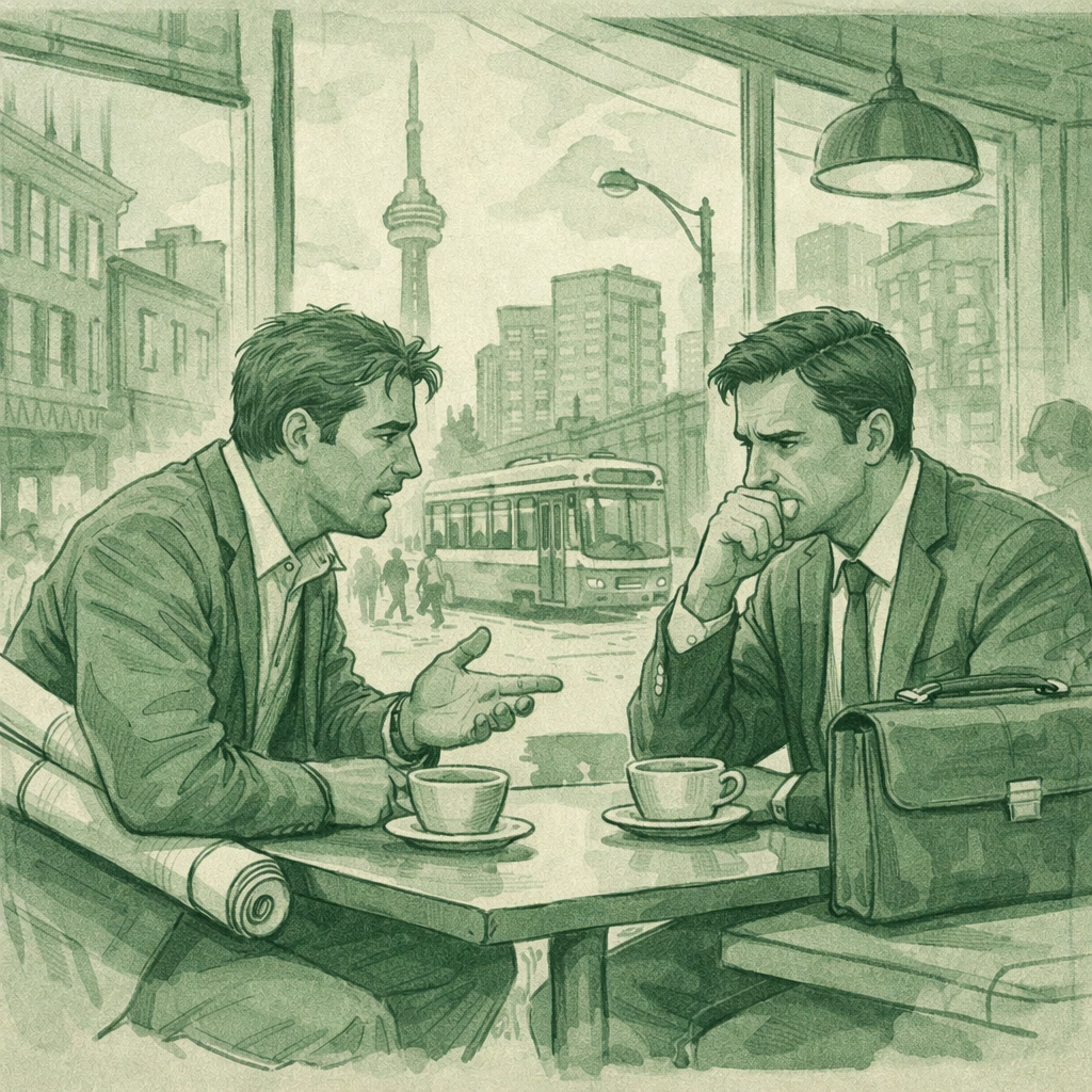 Architect and lawyer having emotional conversation in Toronto cafe, gay romance character connection
