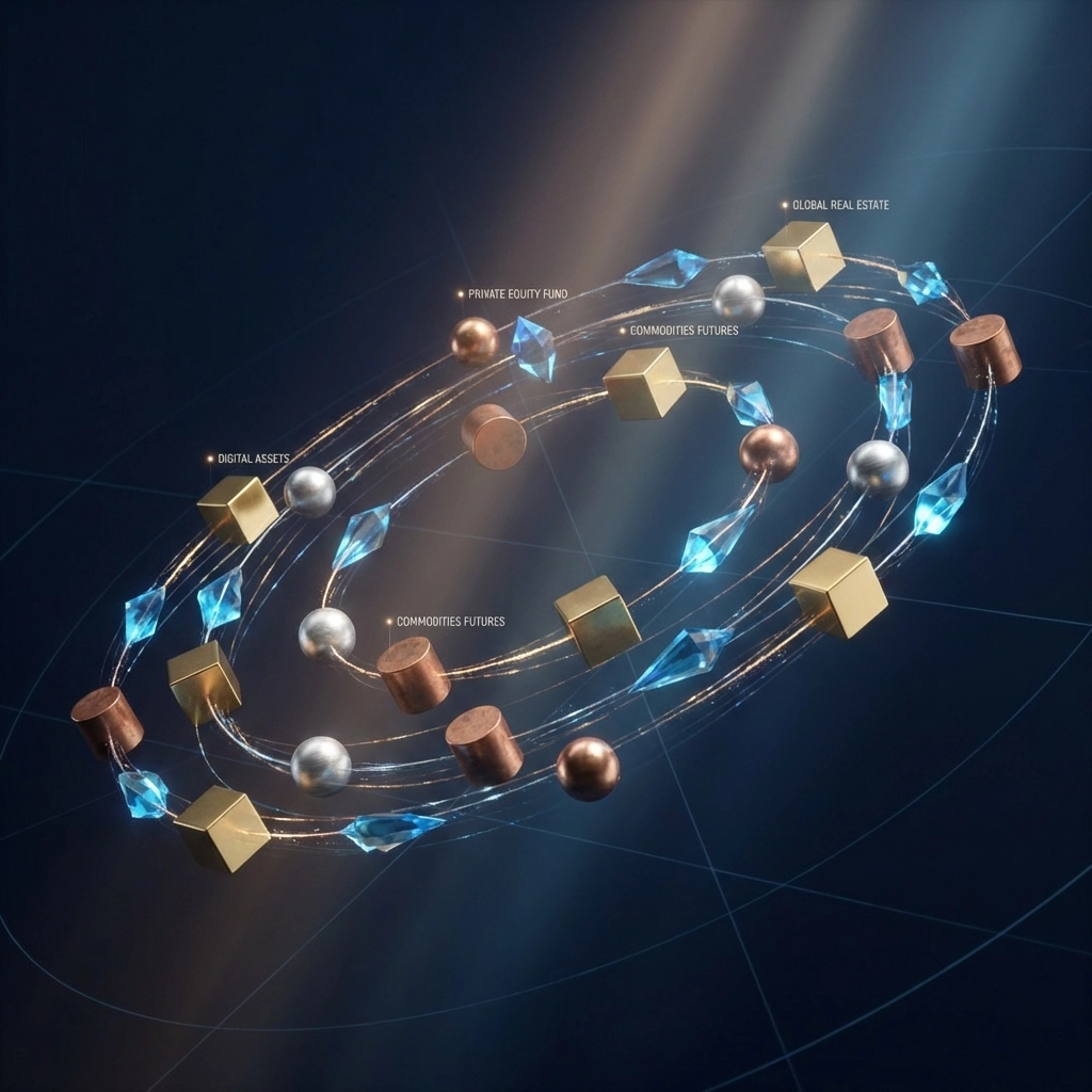 Visual representation of alternative investment asset classes interconnected, illustrating portfolio diversification.