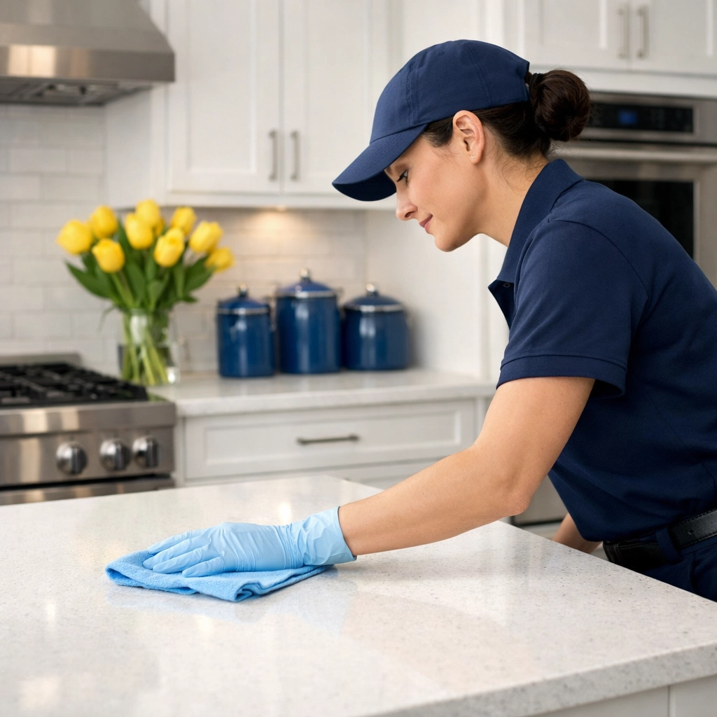 A professional cleaner performing expert Apartment Cleaning Boston in a bright, contemporary kitchen.