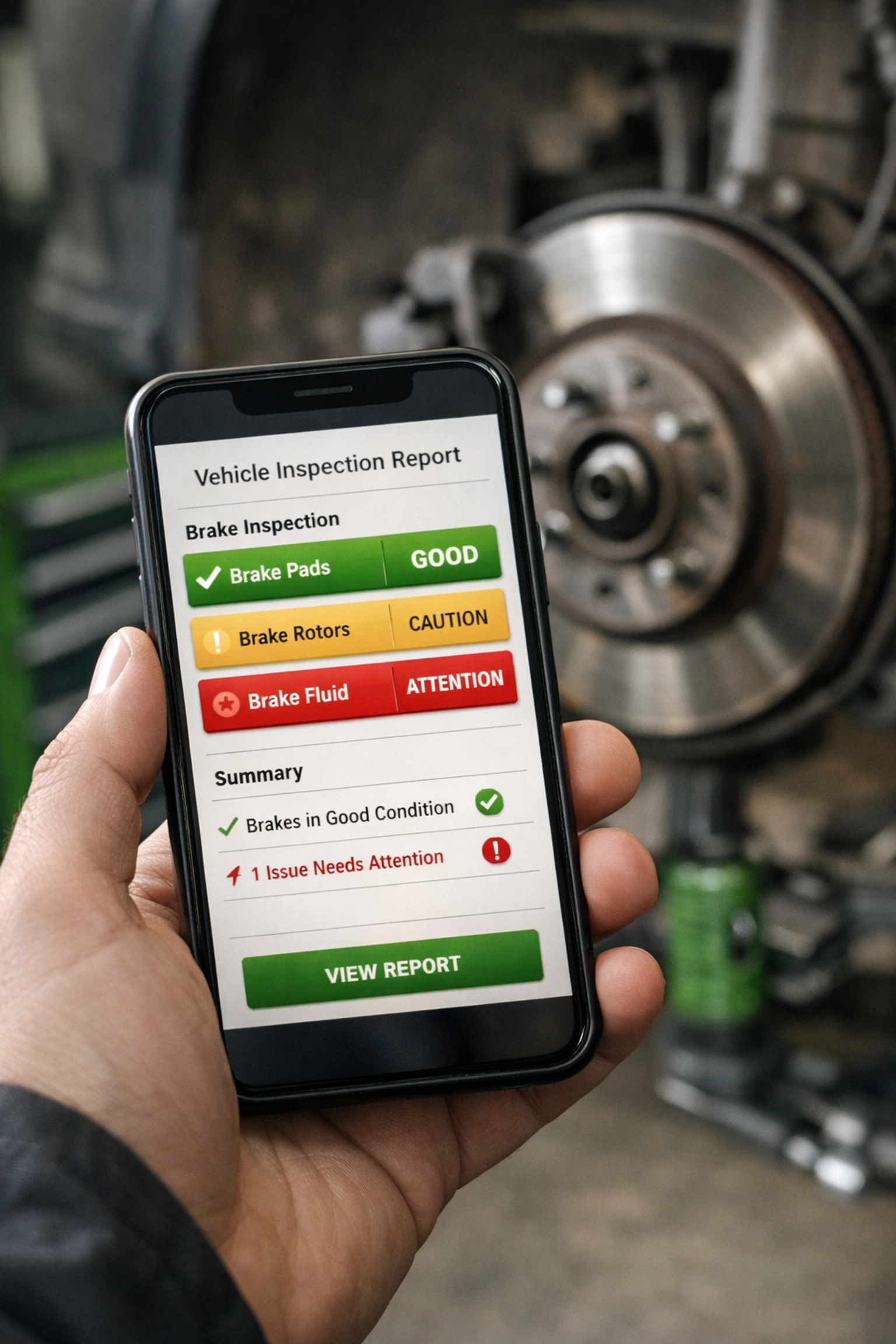 Color-coded digital inspection on a phone showing brake safety status for honest auto repair in Niagara Falls.