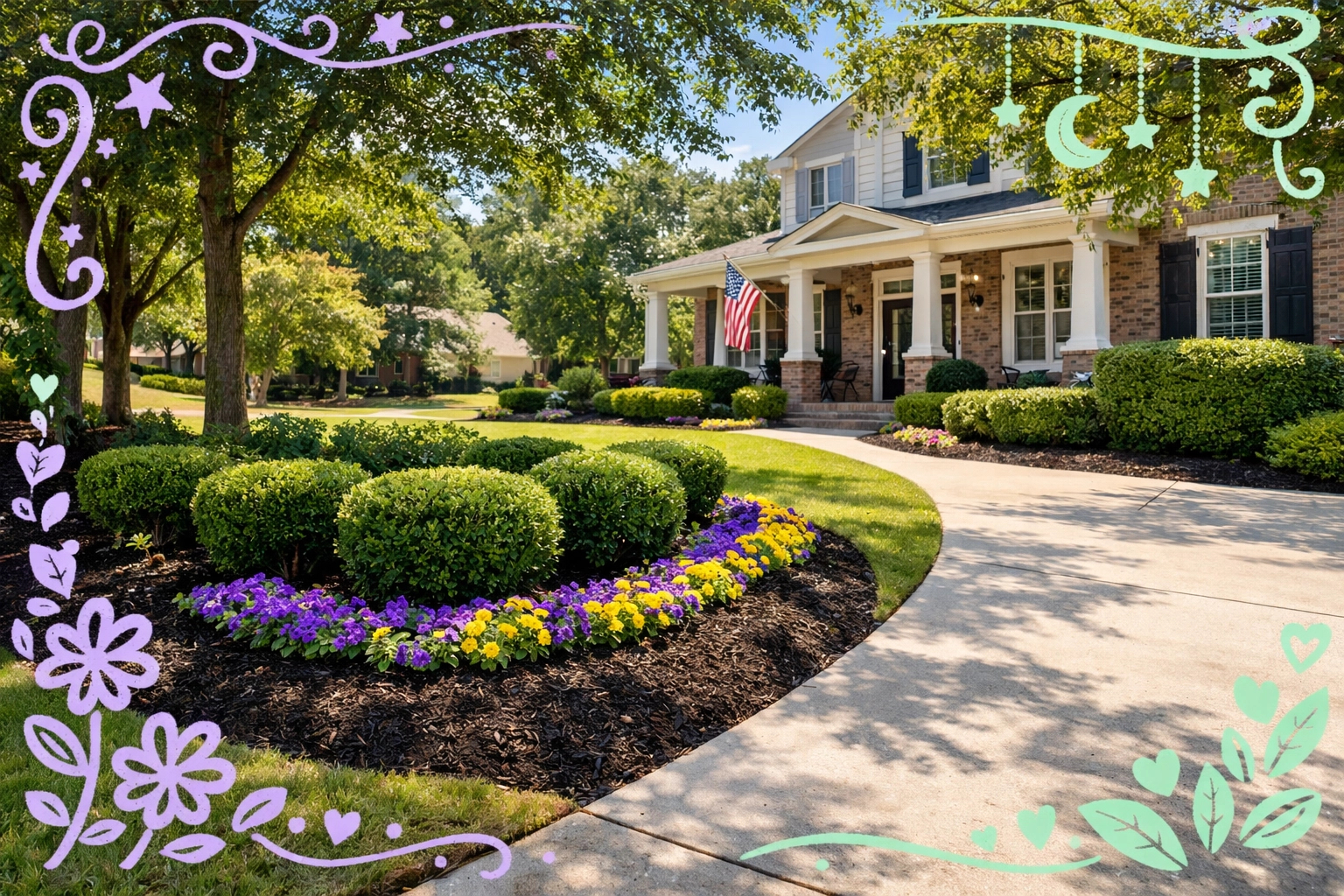 Well-maintained front yard landscaping with fresh mulch in Cobb County Georgia home