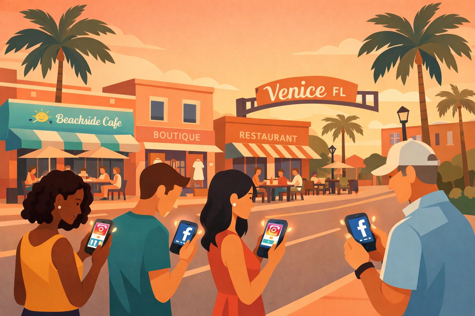 Venice Florida shoppers using Instagram and Facebook on smartphones outside local businesses