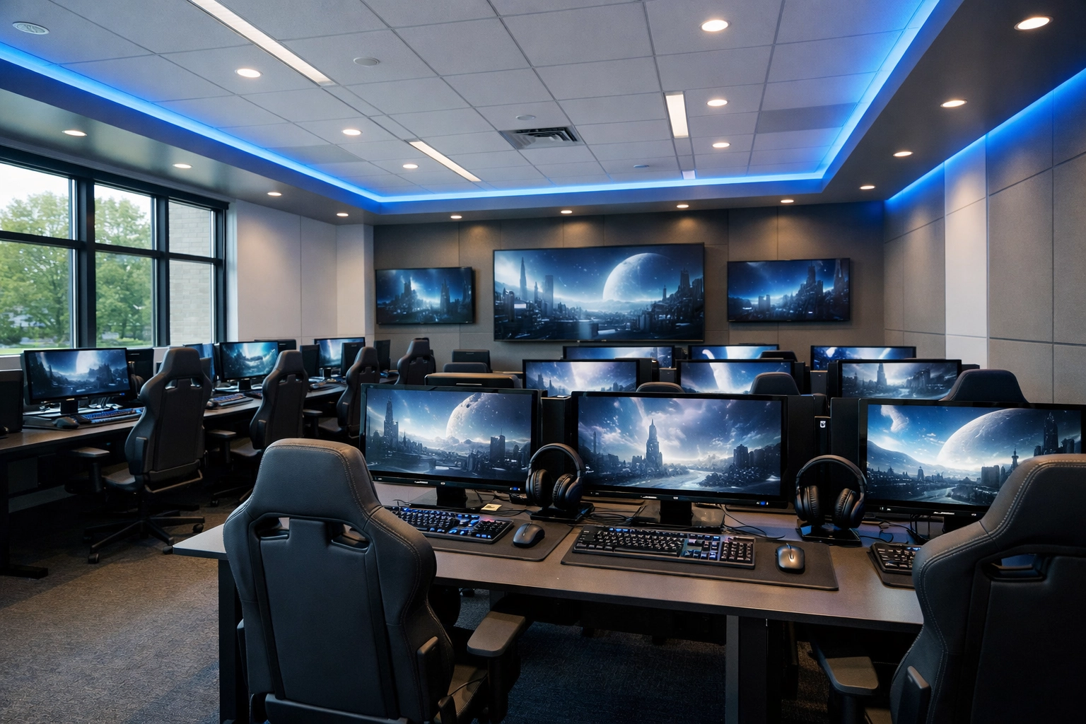 Modern high school esports lab with professional gaming pods designed for educational growth and brand engagement.