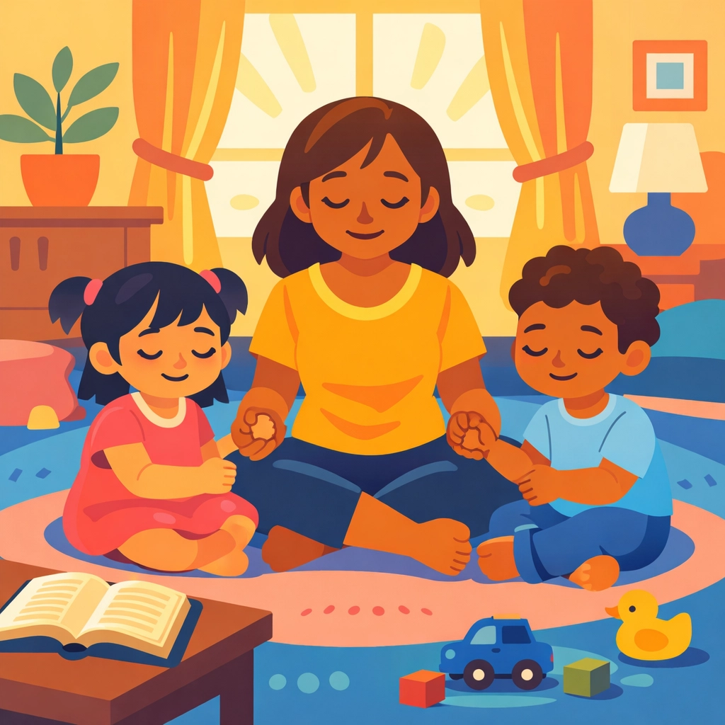 Mother and children holding hands in prayer circle demonstrating faith-based parenting at home