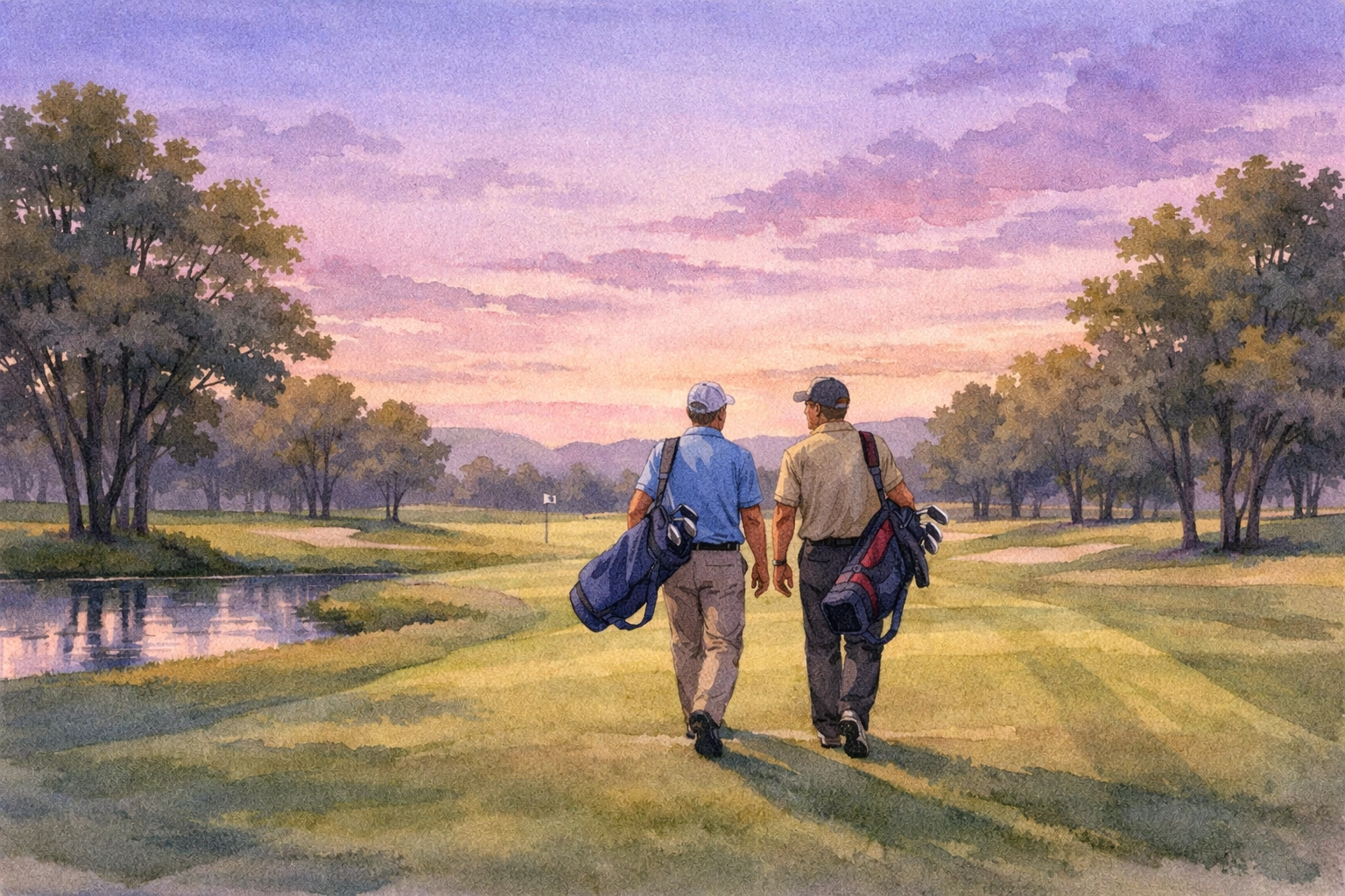 LGBTQ+ golfers walking together on peaceful fairway at dusk