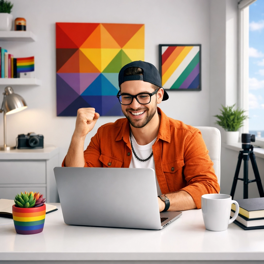 A successful queer author celebrating high MM romance book sales and earnings in a modern home office studio.