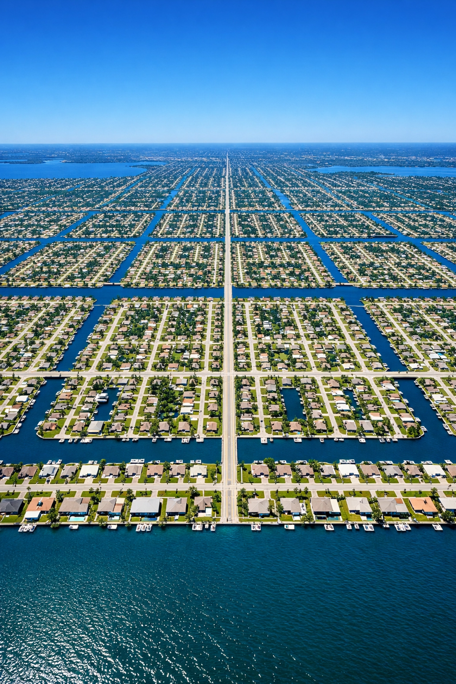Aerial drone view of the Cape Coral grid layout and navigable canal system.