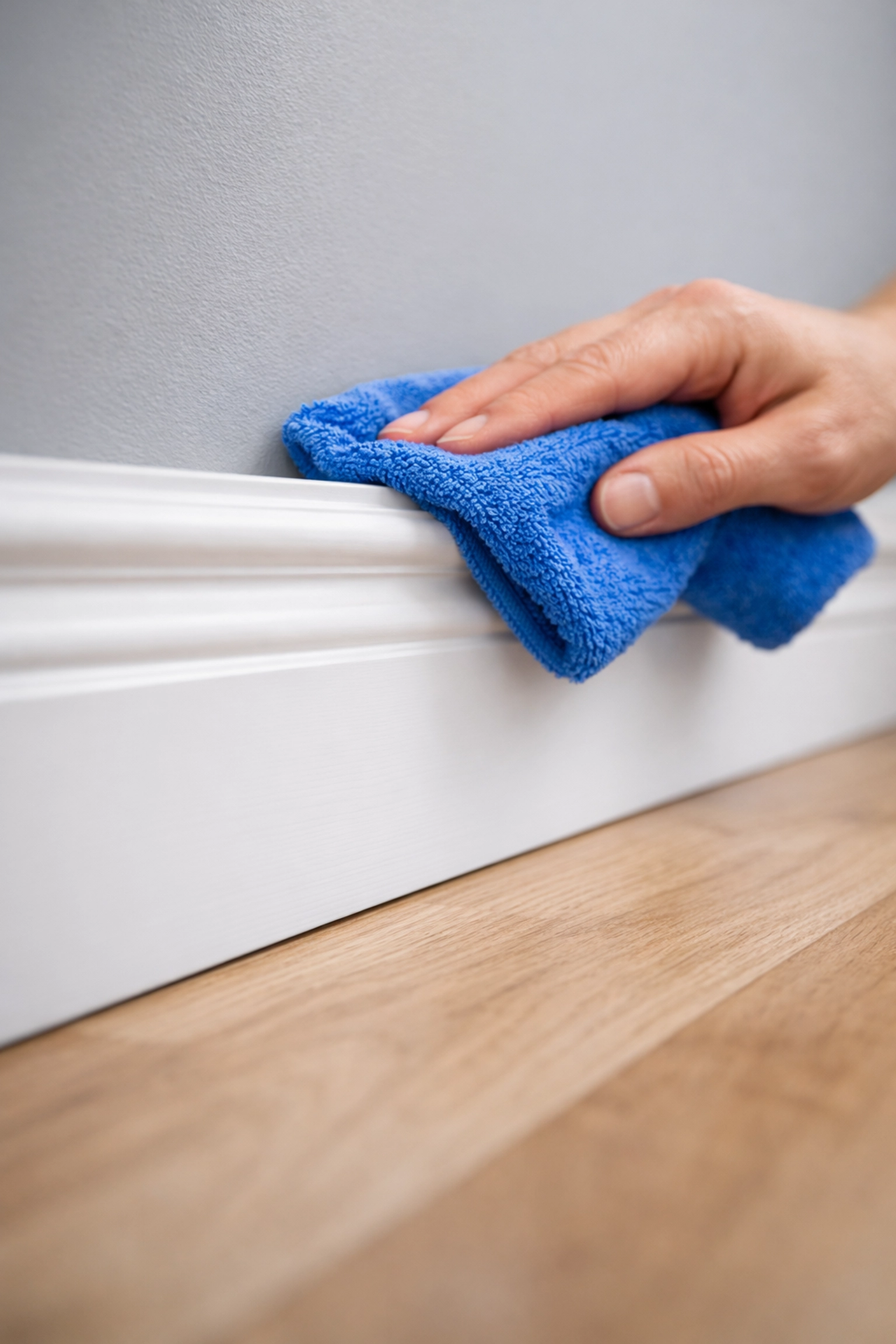 Deep cleaning white baseboards using a blue microfiber cloth to remove dust after painting.