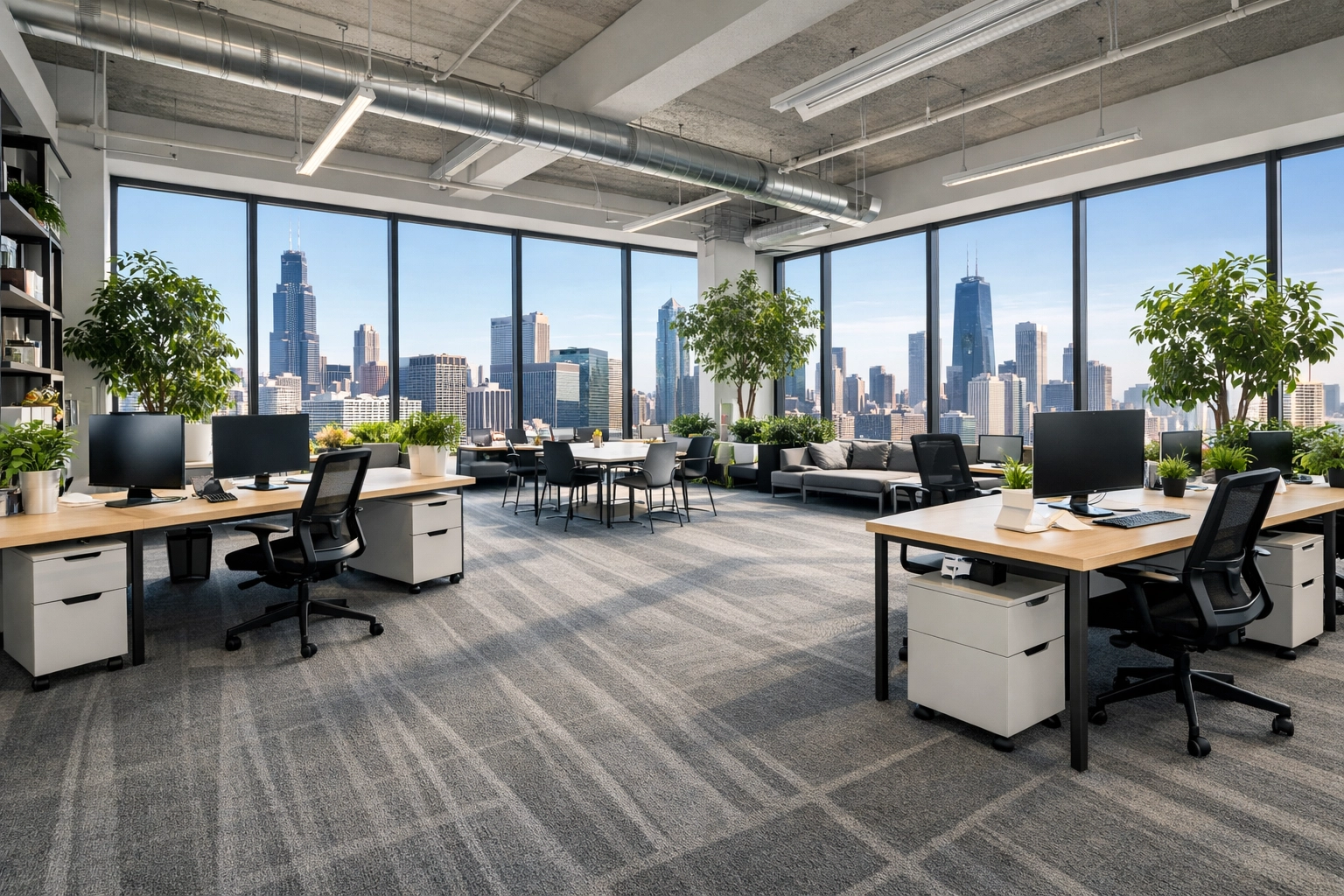 A clean, deep-cleaned open-concept Chicago office with groomed carpets and skyline views.