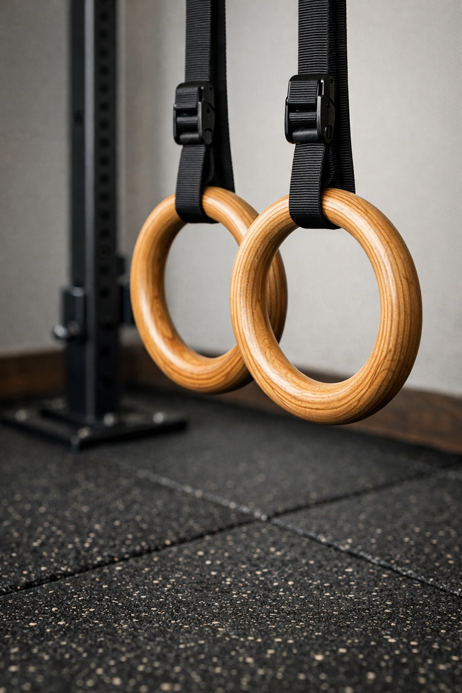 Calisthenics equipment for home and gymnastic rings attached to a floor to ceiling gym rail system.