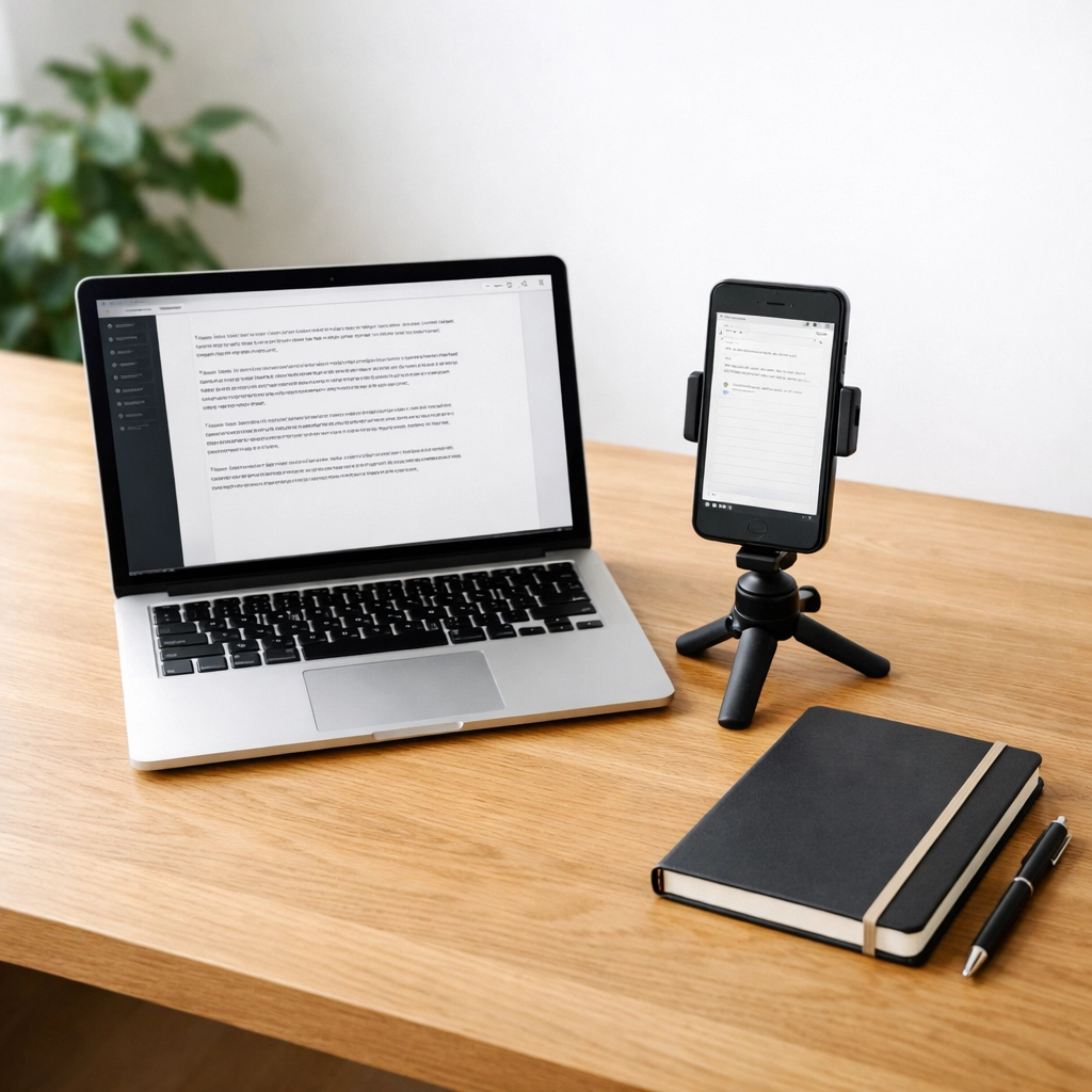 A clean home office desk setup using small marketing automation tools as a digital video studio.