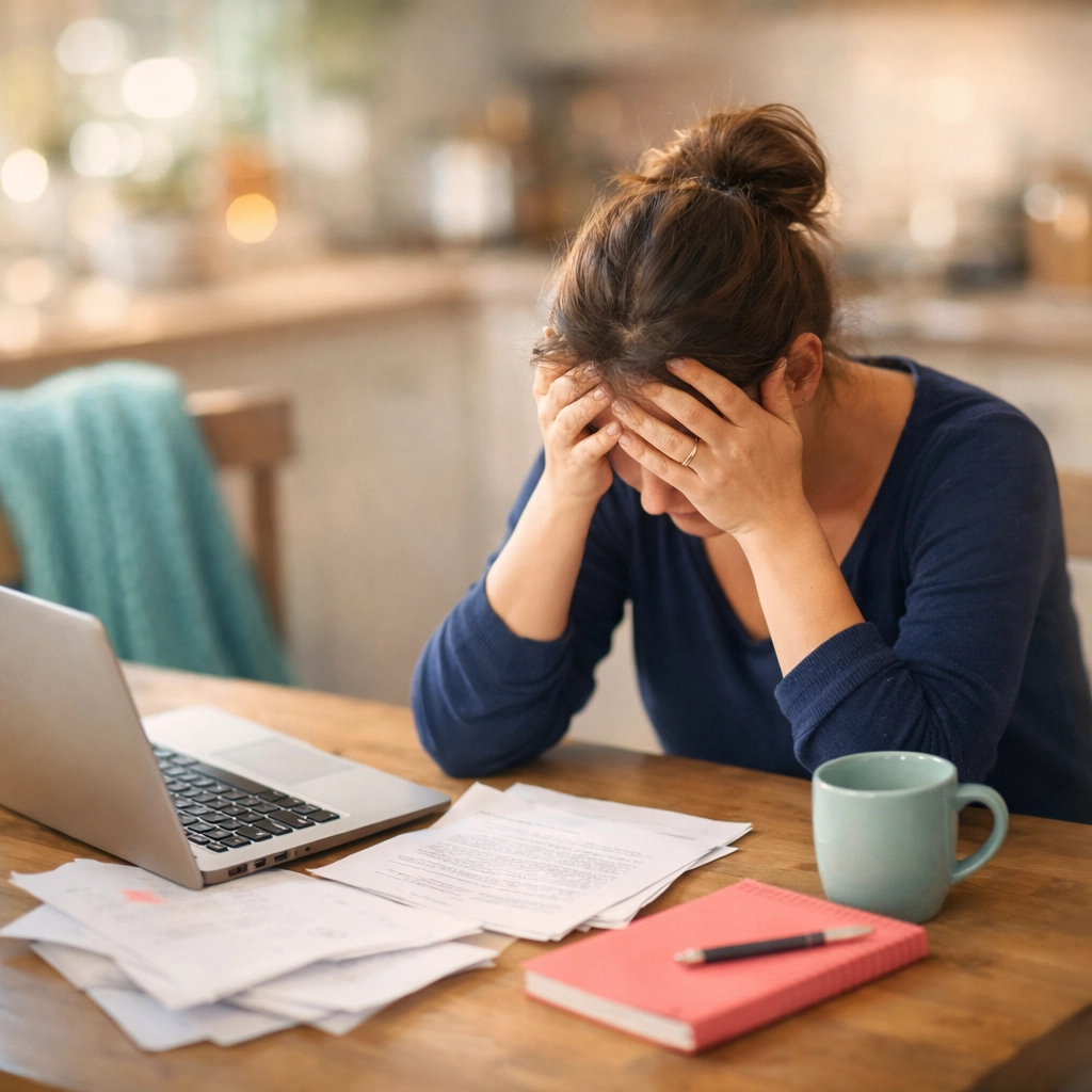 Mother experiencing burnout and brain fog at kitchen table with head in hands