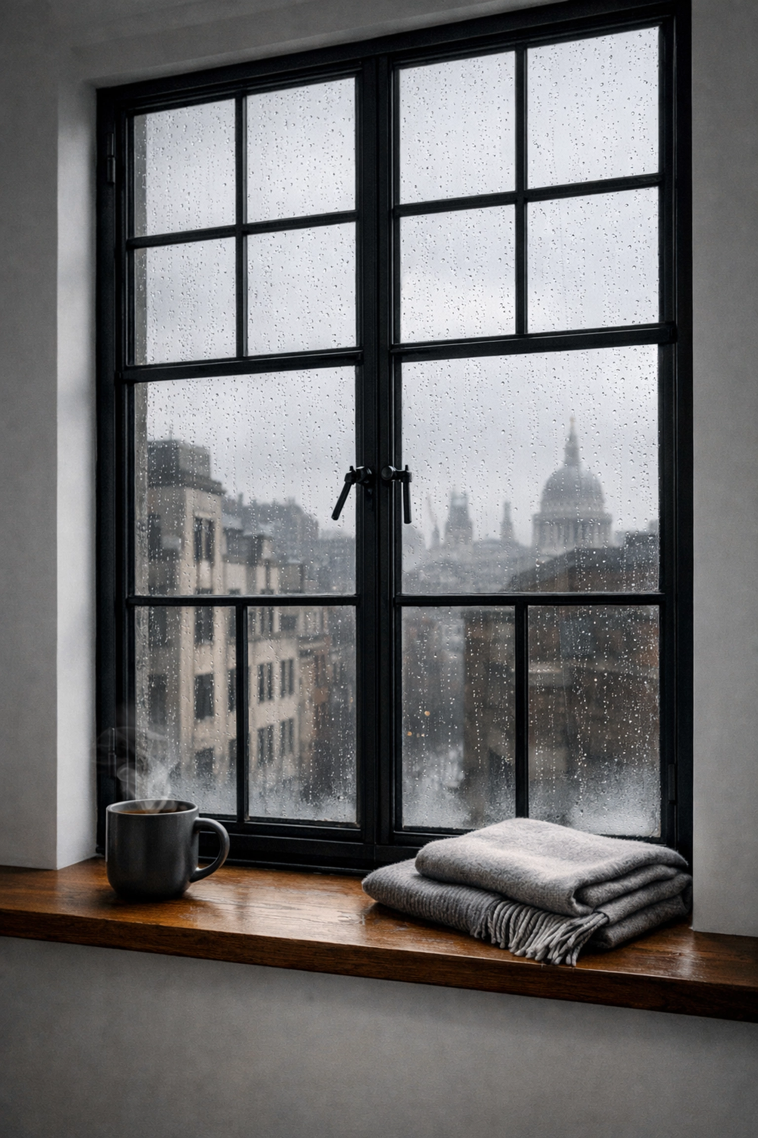 Condensation on original single-glazed Crittall window in a London apartment on a cold day.