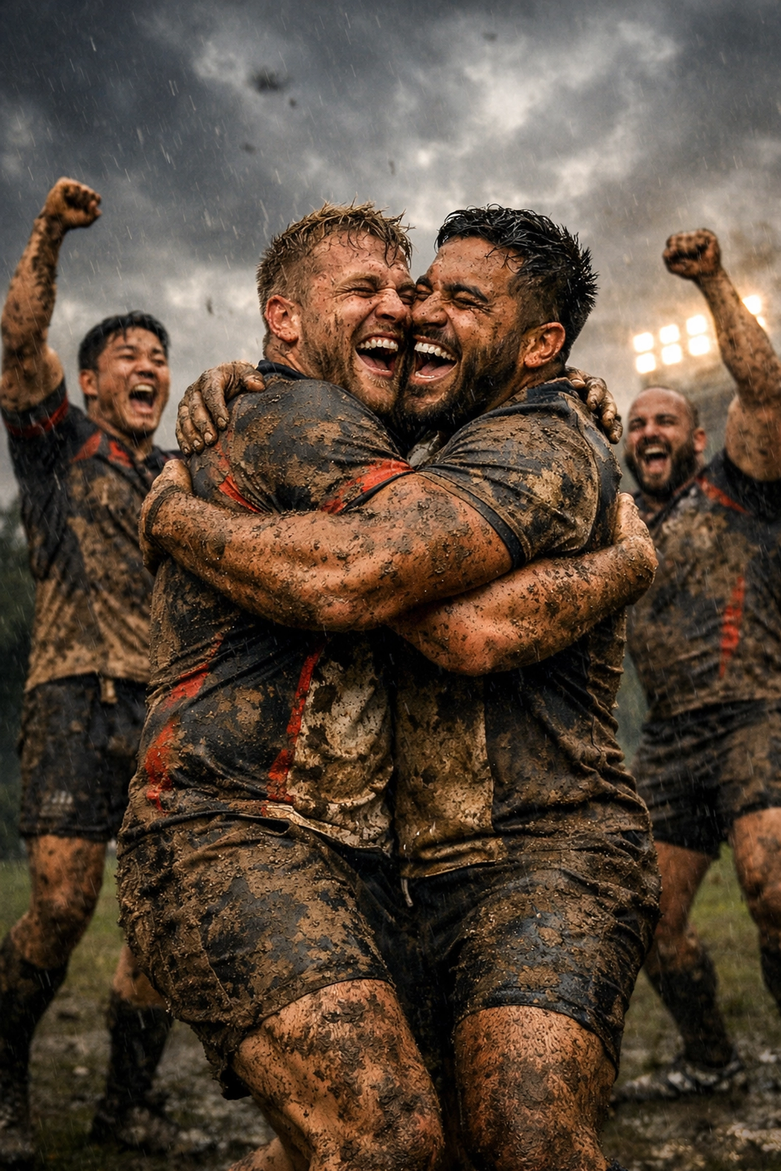 Muddy gay rugby players celebrating a victory on the field, finding community through sport.