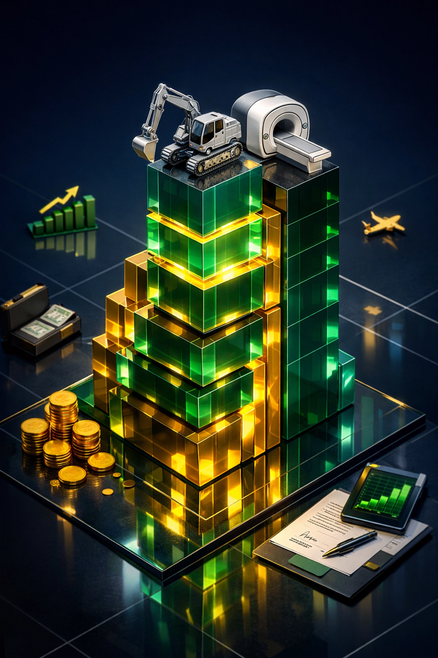 Growing stack of commissions for Ontario equipment brokers featuring construction and medical equipment assets