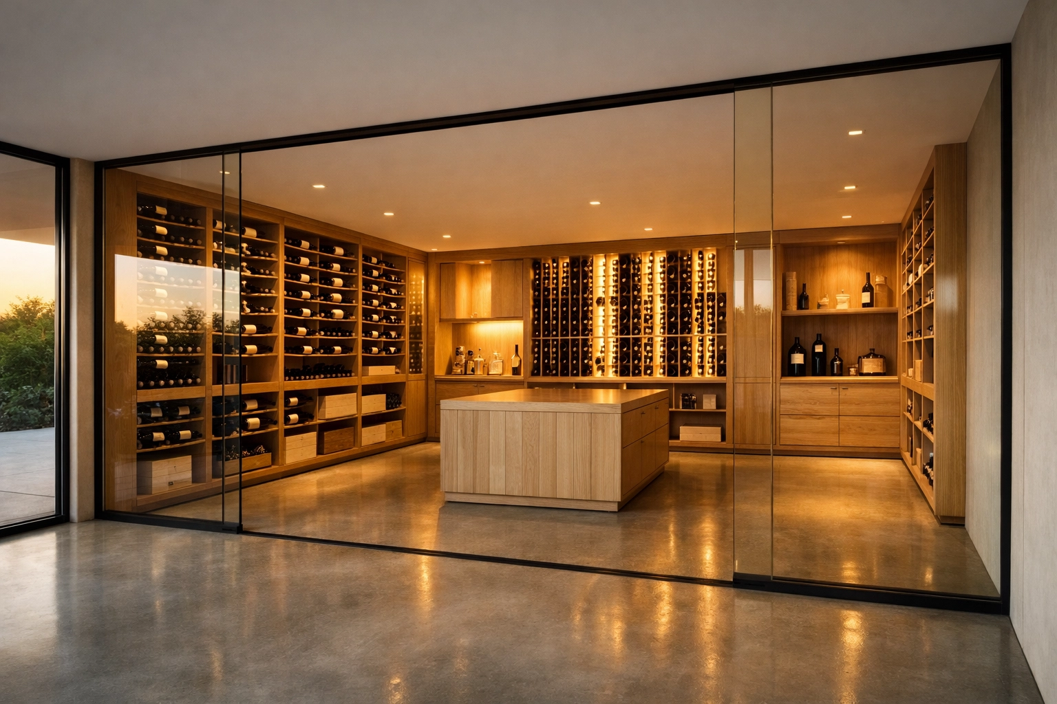 Modern glass-walled wine cellar in a luxury Connecticut estate protected by wine insurance.
