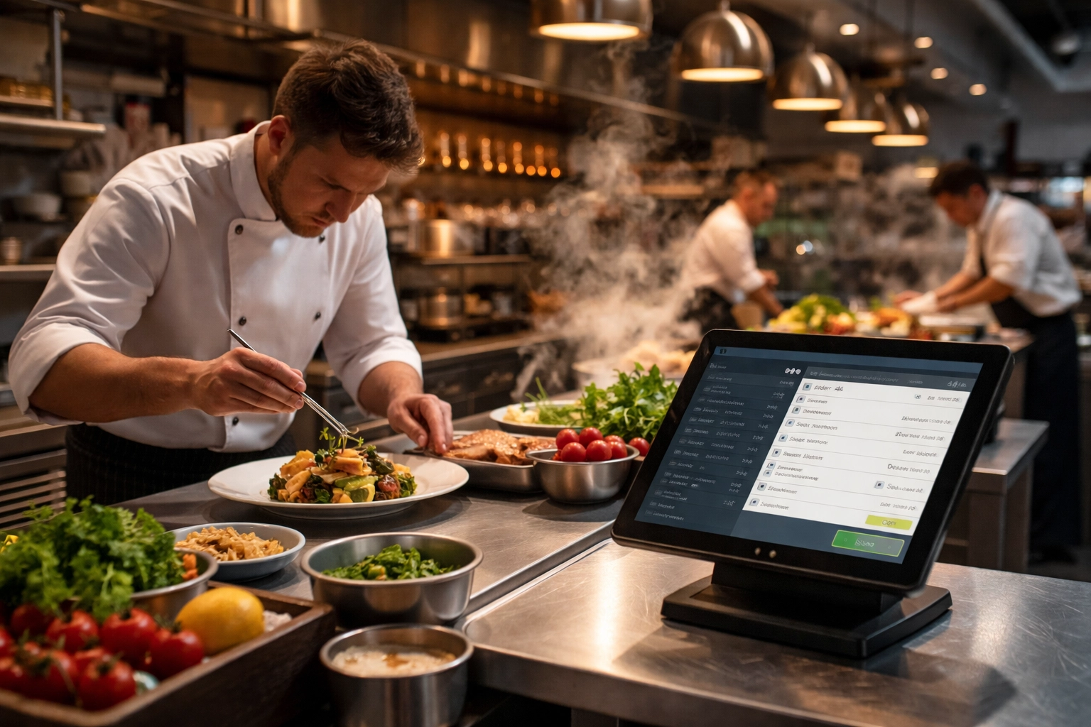 Restaurant chef using Toast POS system in a busy kitchen to manage orders and inventory efficiently