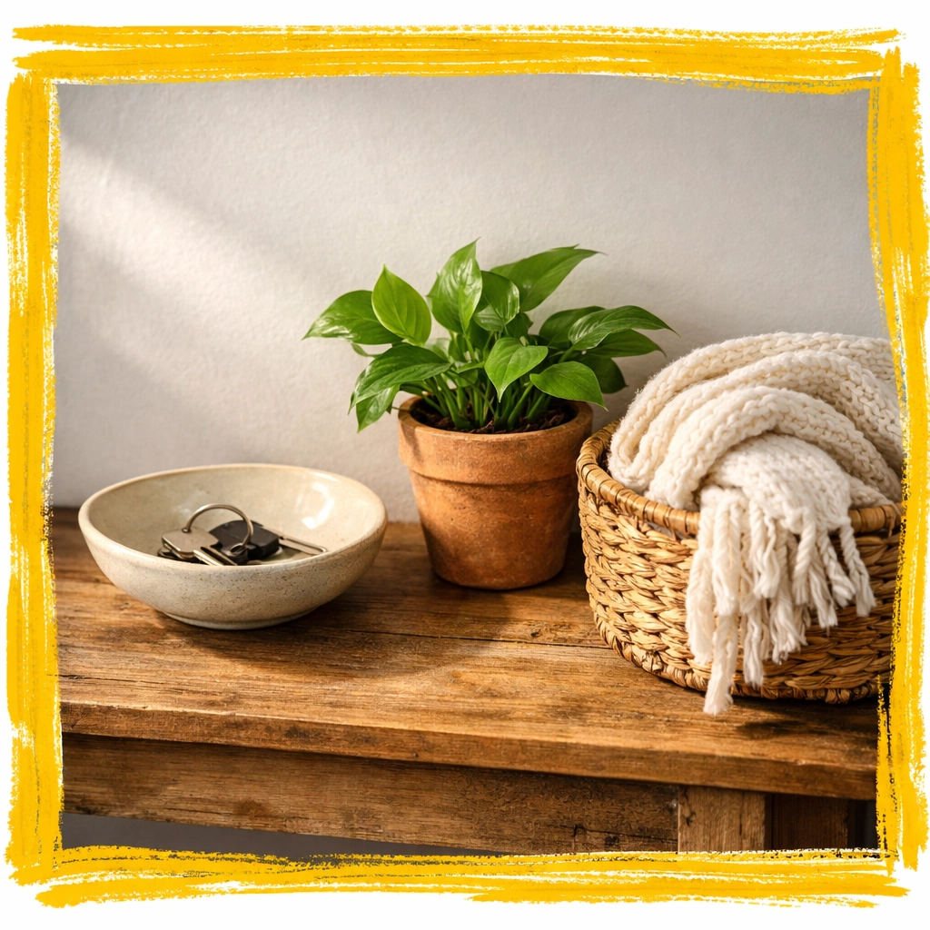 Styled entryway console table with keys, plant, and cozy blanket for home staging appeal