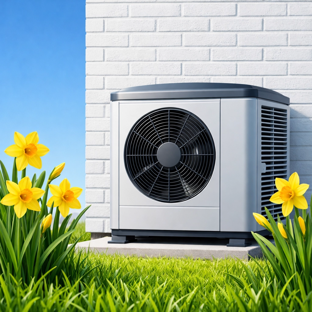 Modern AC unit in a spring garden, highlighting the best time for a proactive HVAC maintenance tune up.