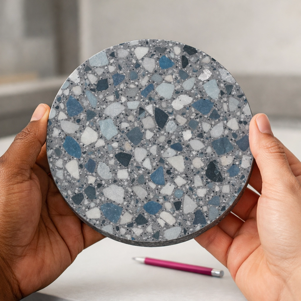 Hands holding a circular recycled plastic panel sample with a sustainable terrazzo pattern.