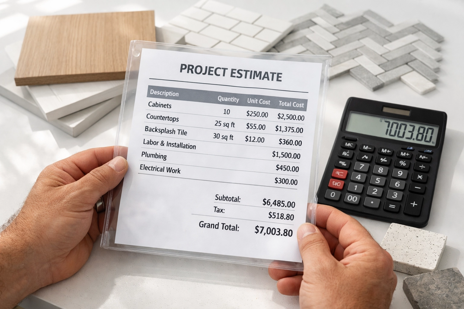 Transparent remodeling estimate with material samples and budget planning documents