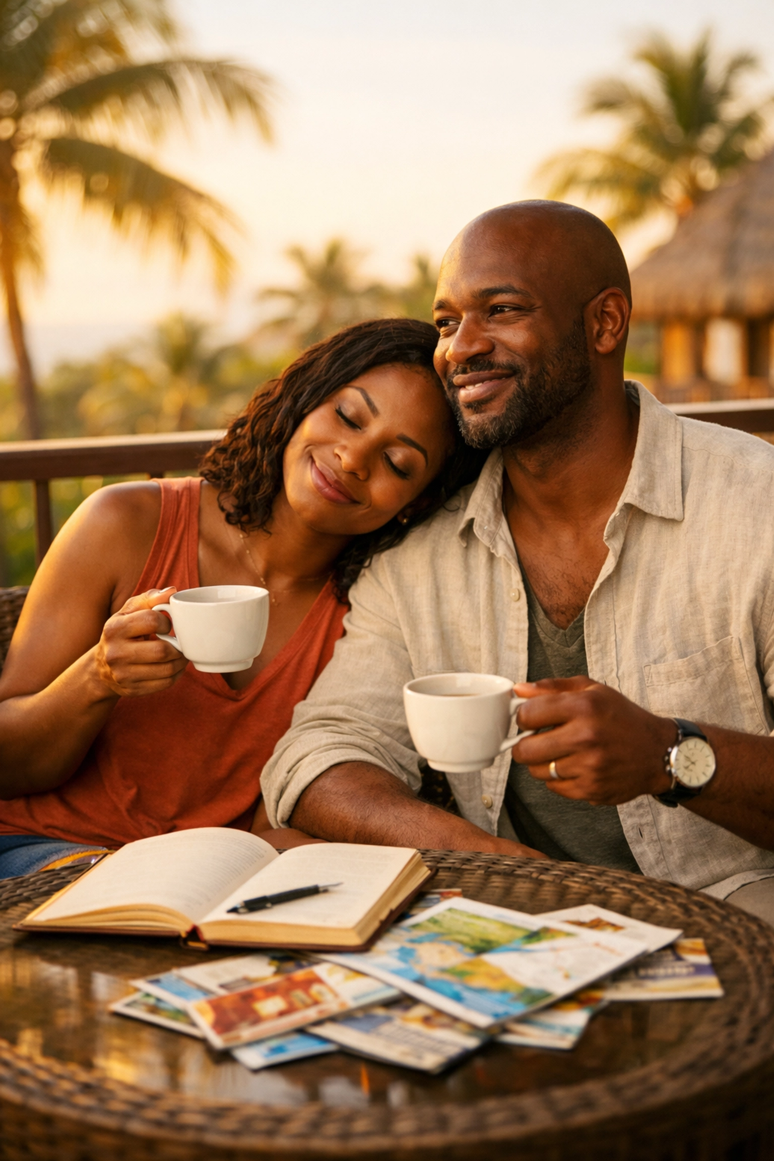 Couple relaxing on resort balcony planning their romantic getaway itinerary with coffee and travel guides