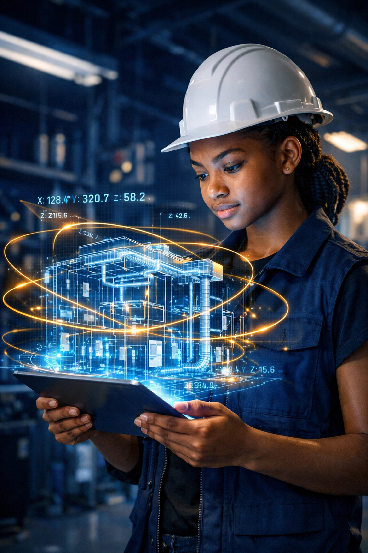 Student in Construction X using digital blueprints to master trades like electrical and HVAC systems through math.