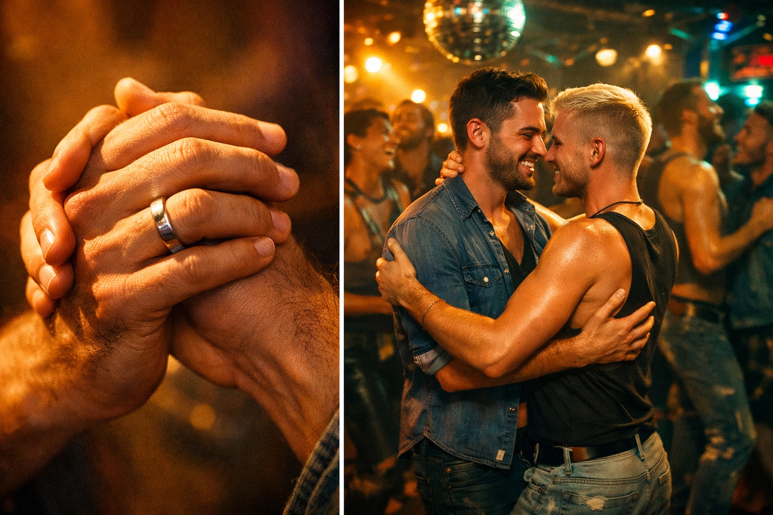 Gay couple holding hands and dancing at 1990s Moscow LGBTQ+ nightclub
