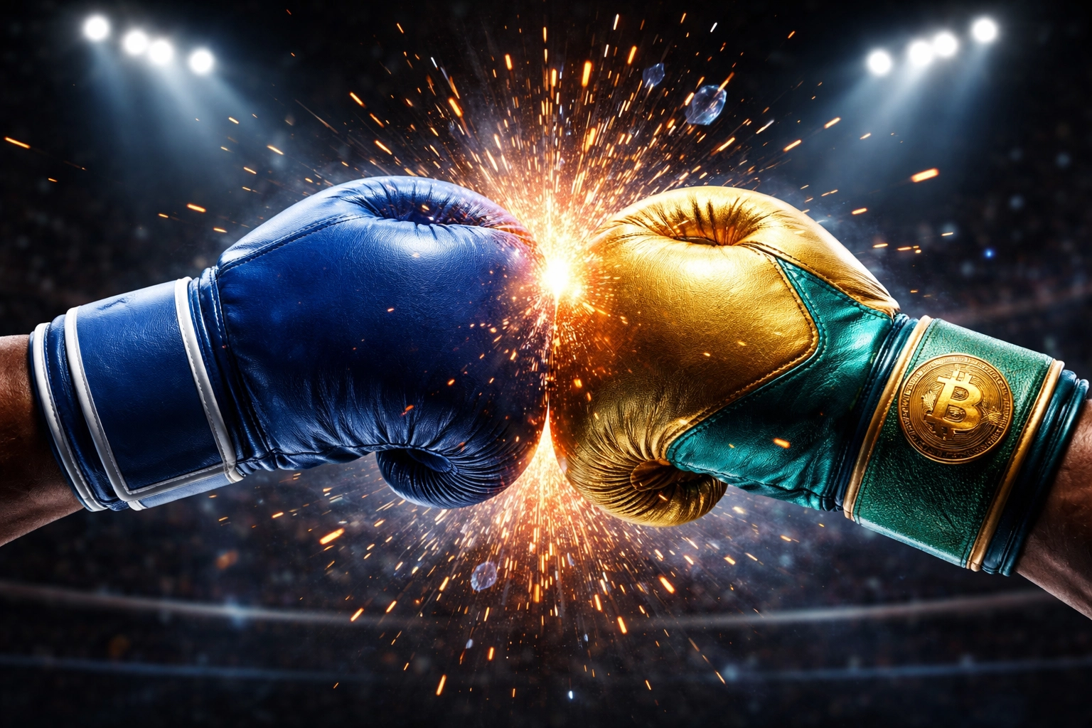 Boxing gloves representing traditional payment systems and crypto innovation collide, symbolizing competition among crypto payment processors.