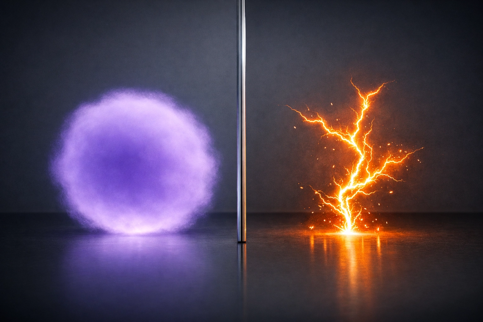 Visual comparison of precise NeoGen nitrogen plasma energy versus an uncontrolled plasma pen electrical spark.