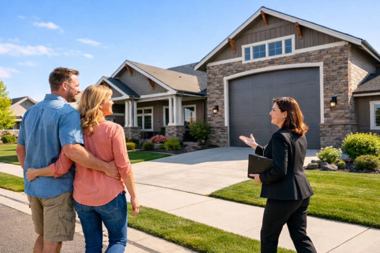 Couple and real estate agent touring a craftsman-style home with an RV garage in a Meridian Idaho neighborhood.