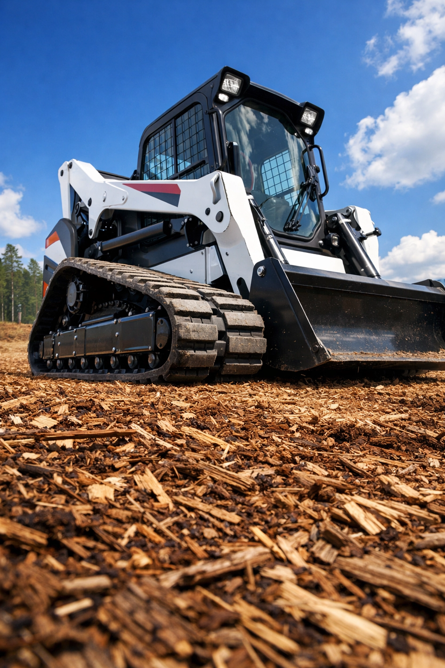 A compact track loader operating on mulch to prevent soil compaction during professional land clearing.