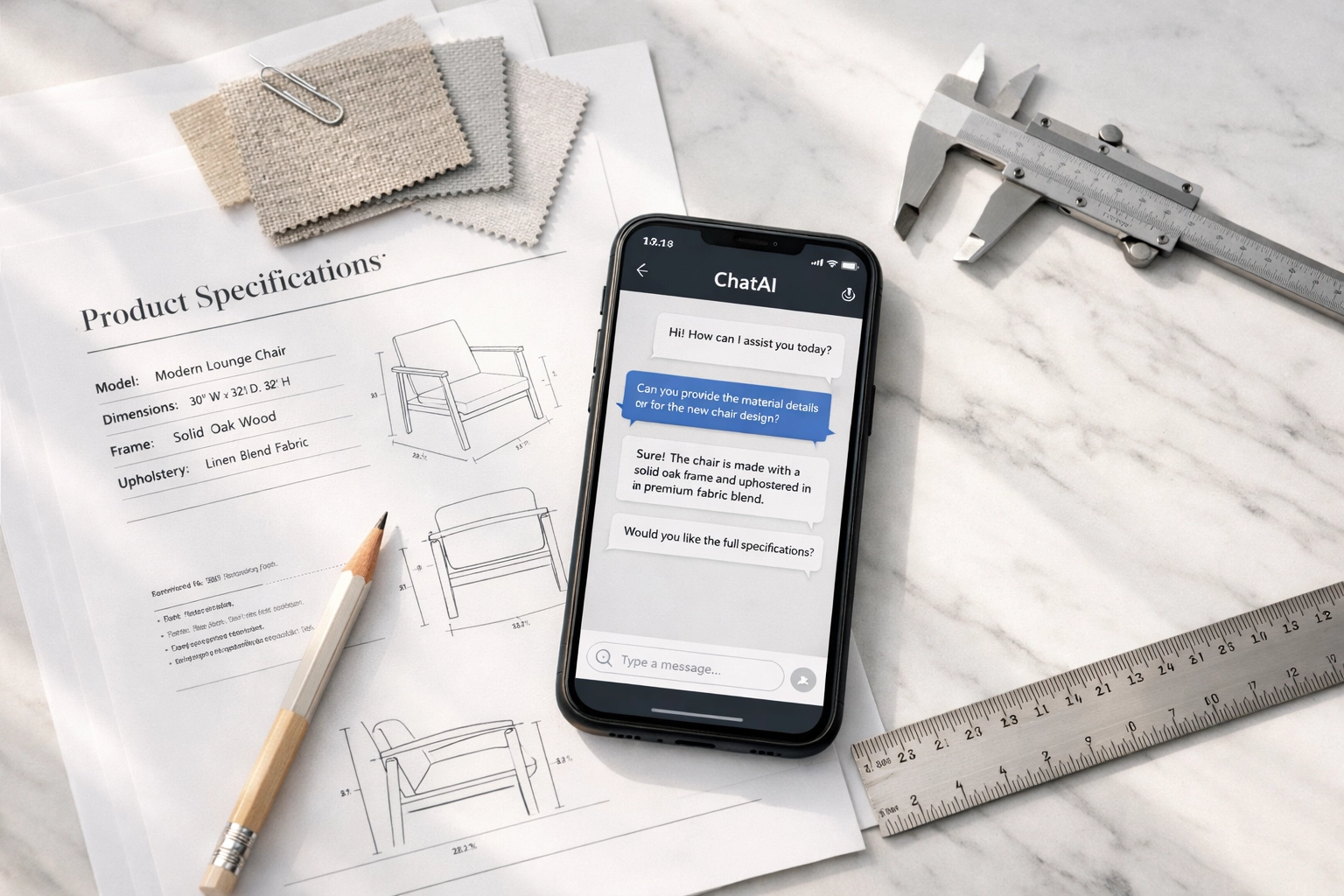 AI assistant chat interface alongside product specifications and measurement tools