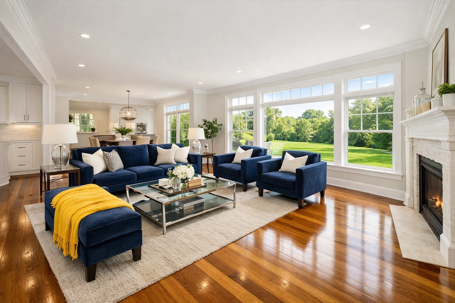 Sun-drenched luxury living room with vacuum lines on clean floors after weekly house cleaning Foxborough MA.