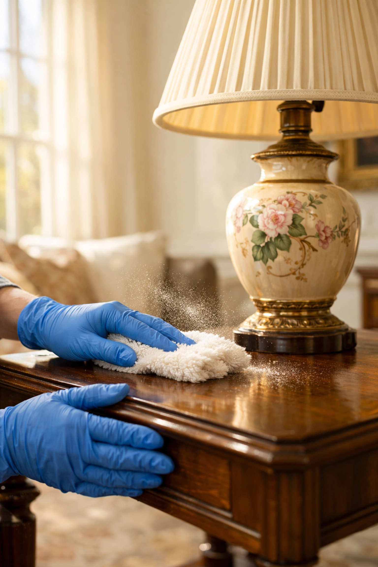 Professional cleaner dusting a vintage table in a sunlit Lancaster home for seniors.