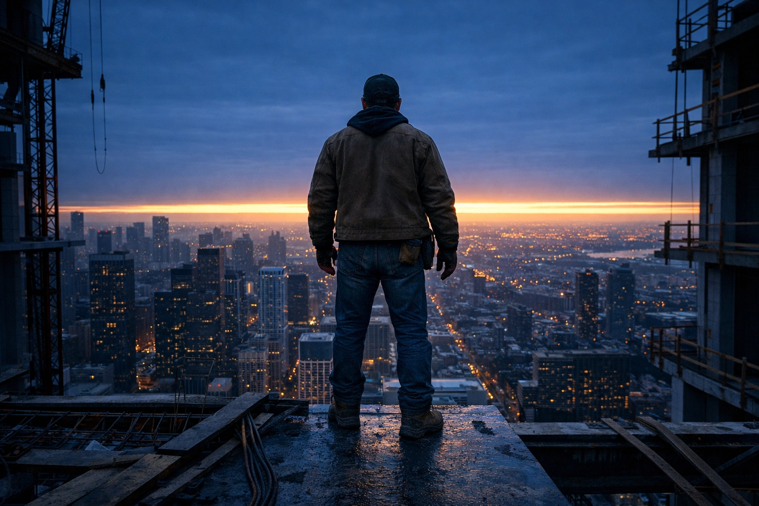 Construction worker overlooking a city sunrise, representing a new beginning in financial stewardship.