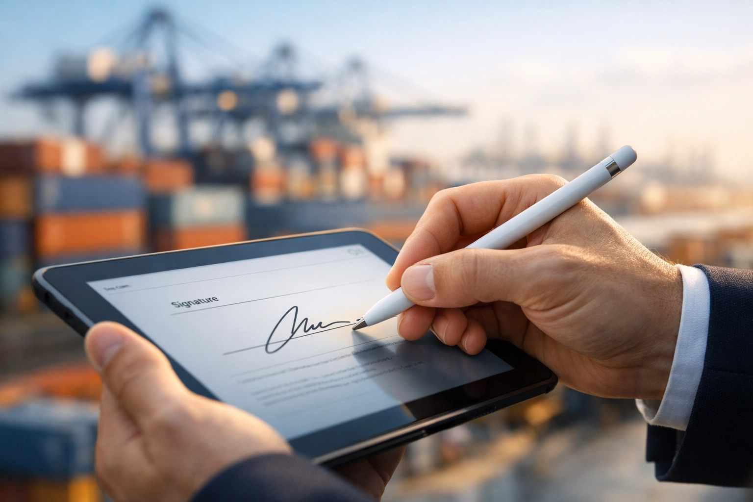Signing electronic trade documents on tablet at shipping port facility with containers