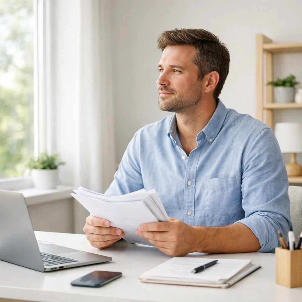 Father reviewing UK legal documents at a desk, preparing to challenge the state's narrative in court.