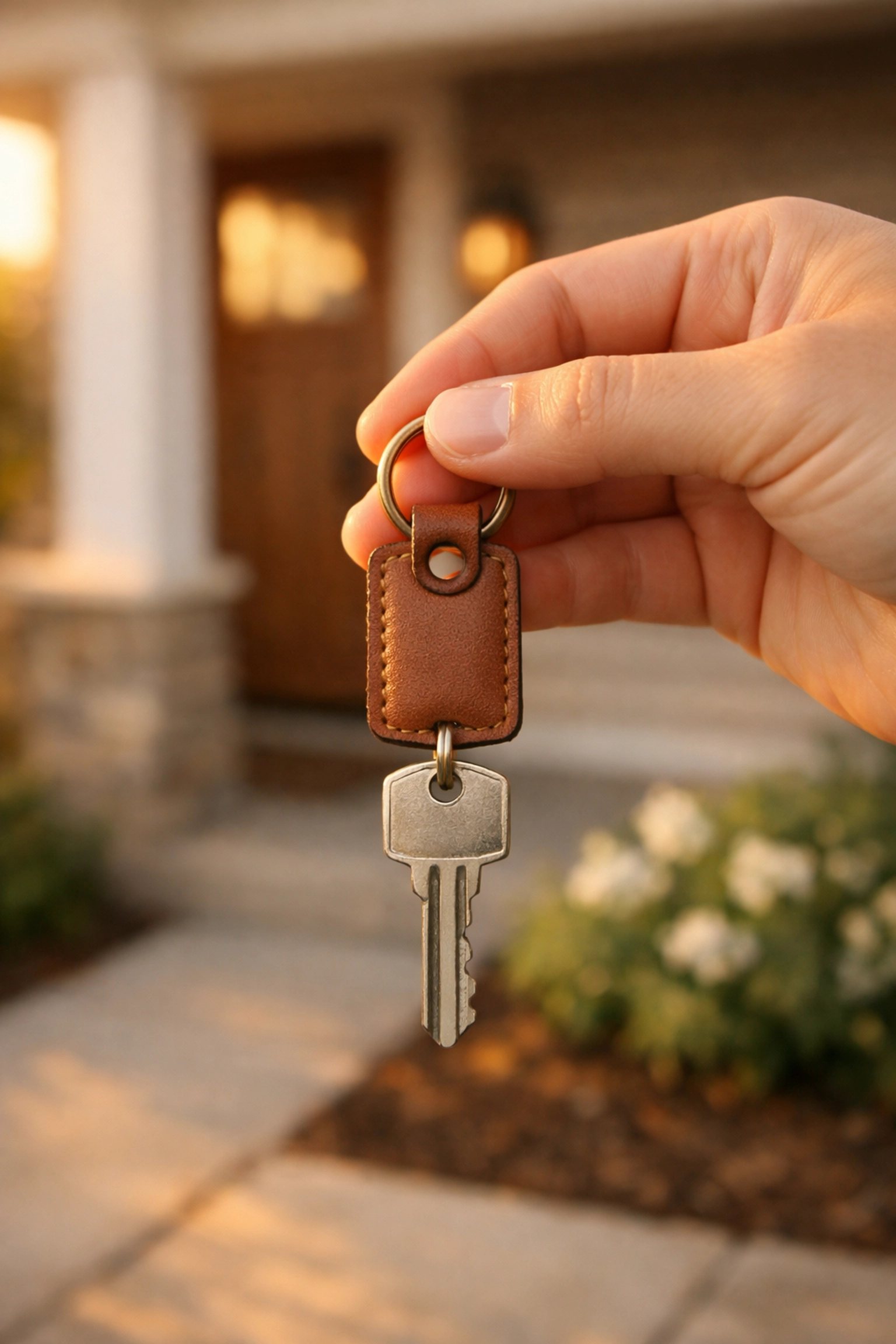 A homeowner holding keys in front of their new house at Piney Woods Manufactured Home Community.